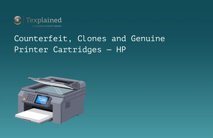 Article cover titled ‘Counterfeit, Clones and Genuine Printer Cartridges – HP,’ featuring an illustration of a printer on a blue-green background.