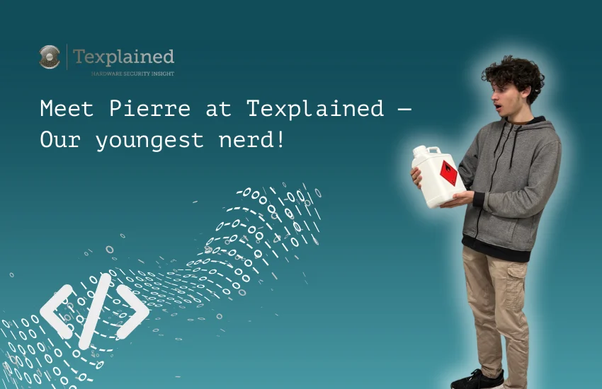 A teal gradient background, with the headline “Meet Pierre at Texplained – Our youngest nerd!” on the left and a young man on the right holding a white chemical container with a hazard label. The Texplained logo appears in the top left, and abstract binary-code graphics with a coding symbol decorate the bottom left.